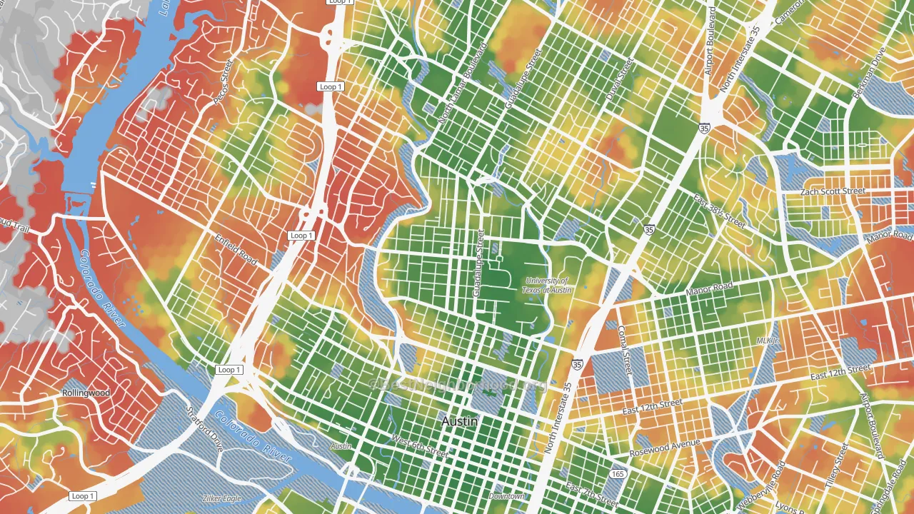 Walk Grade map of West University Austin, Austin, TX, walkable areas in green and car-dependent areas in red