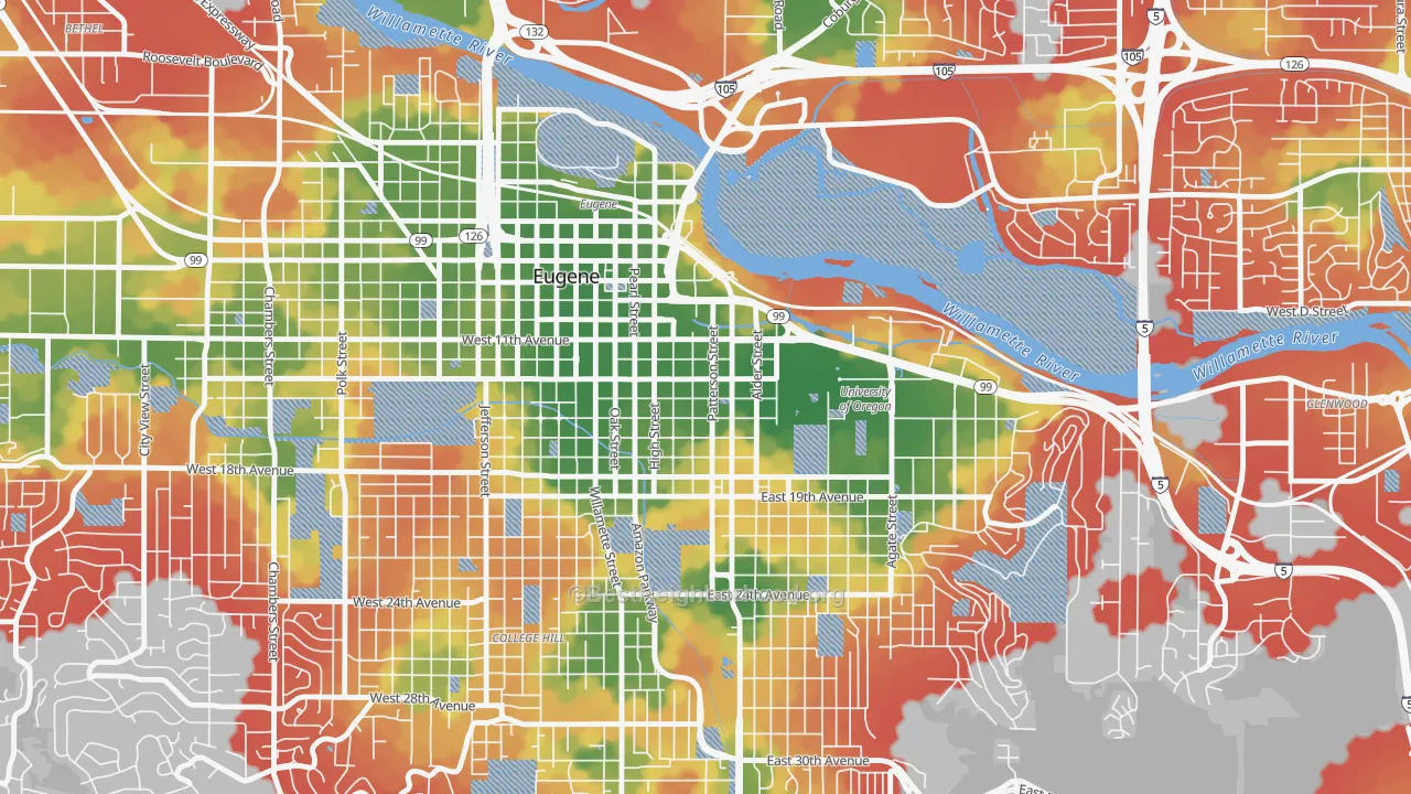 Walk Grade map of West University, Eugene, OR, walkable areas in green and car-dependent areas in red