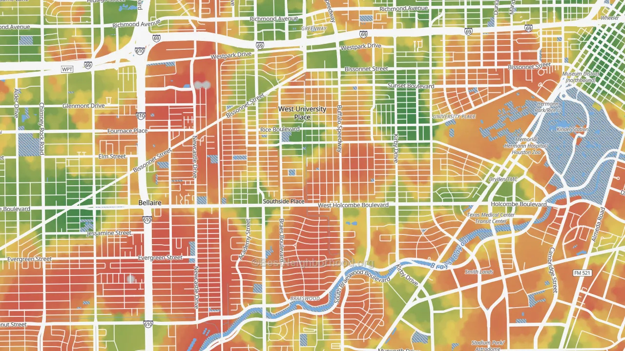 Walk Grade map of West University, Houston, TX, walkable areas in green and car-dependent areas in red
