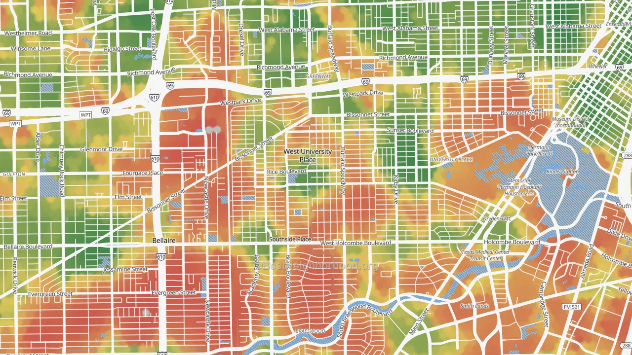 Walk Grade map of West University Place, TX, walkable areas in green and car-dependent areas in red