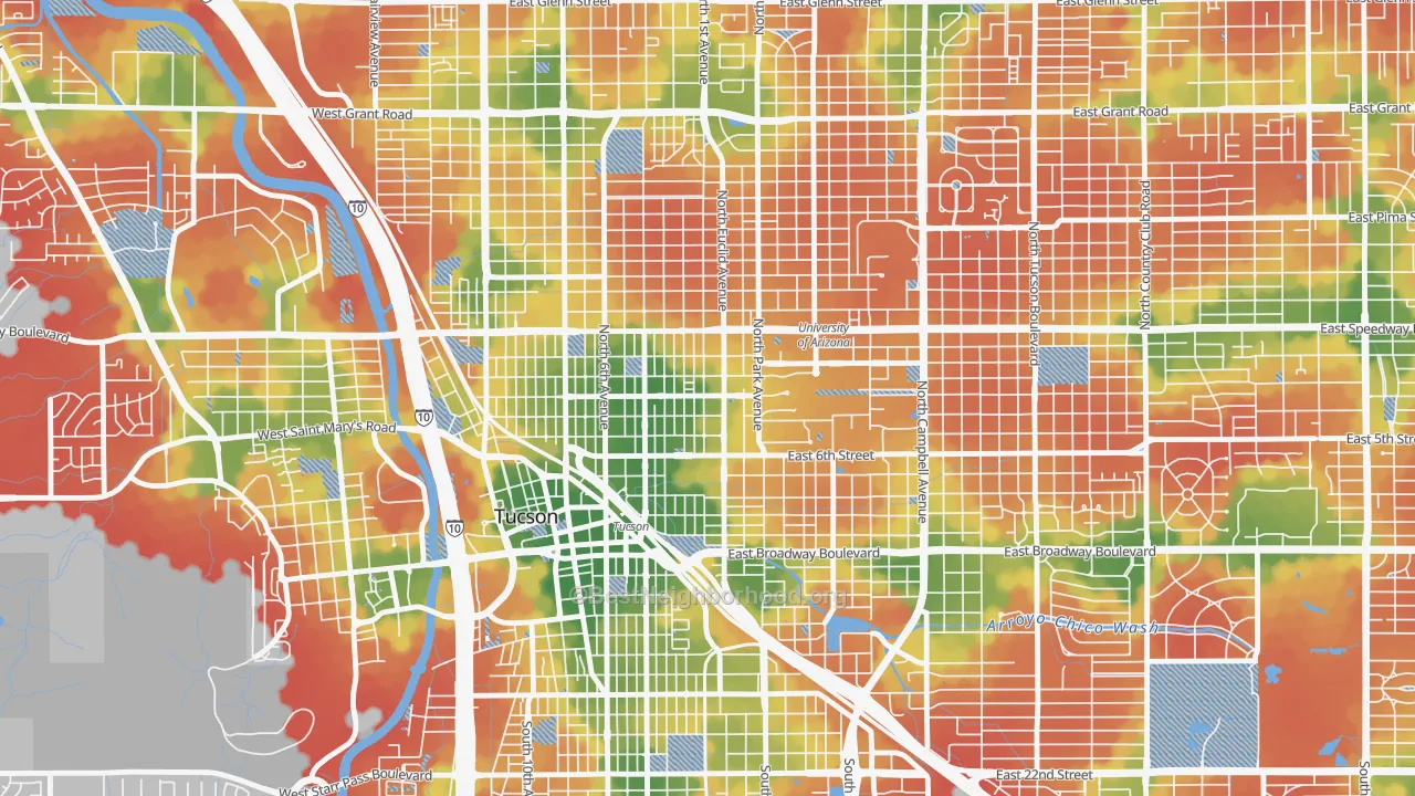 Walk Grade map of West University, Tucson, AZ, walkable areas in green and car-dependent areas in red