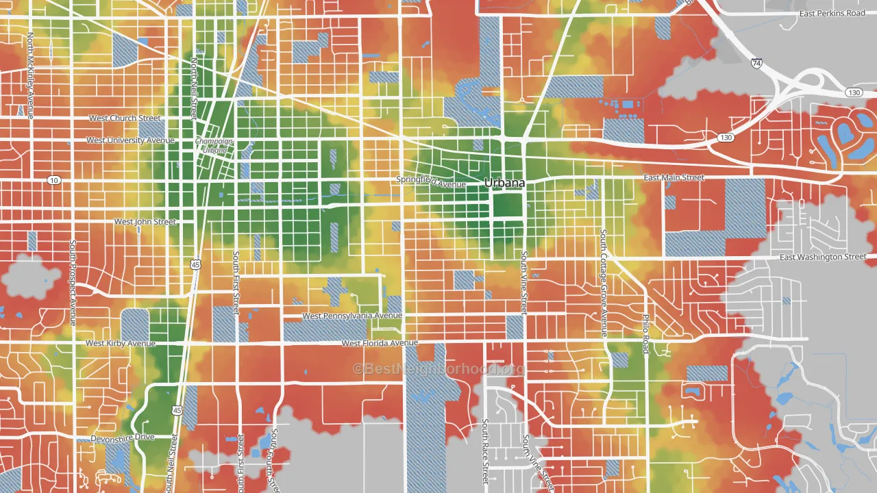 Walk Grade map of West Urbana, Urbana, IL, walkable areas in green and car-dependent areas in red