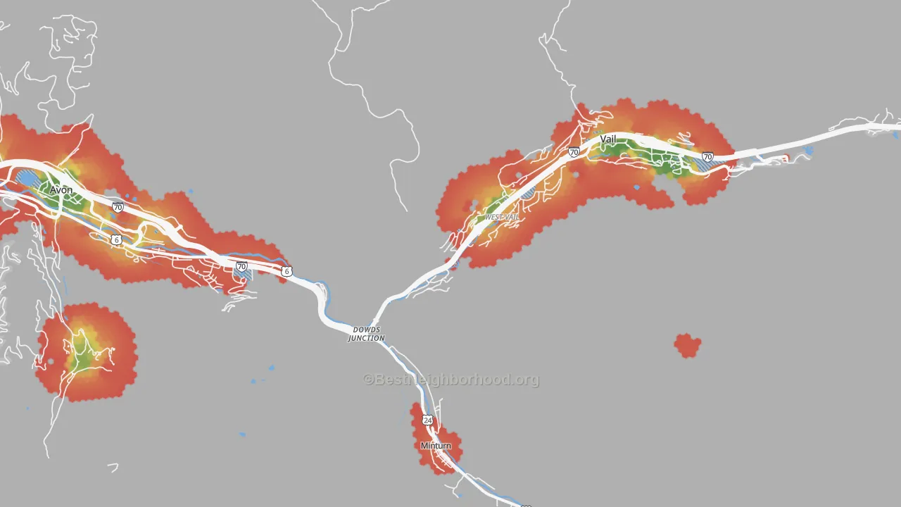 Walk Grade map of West Vail, CO, walkable areas in green and car-dependent areas in red