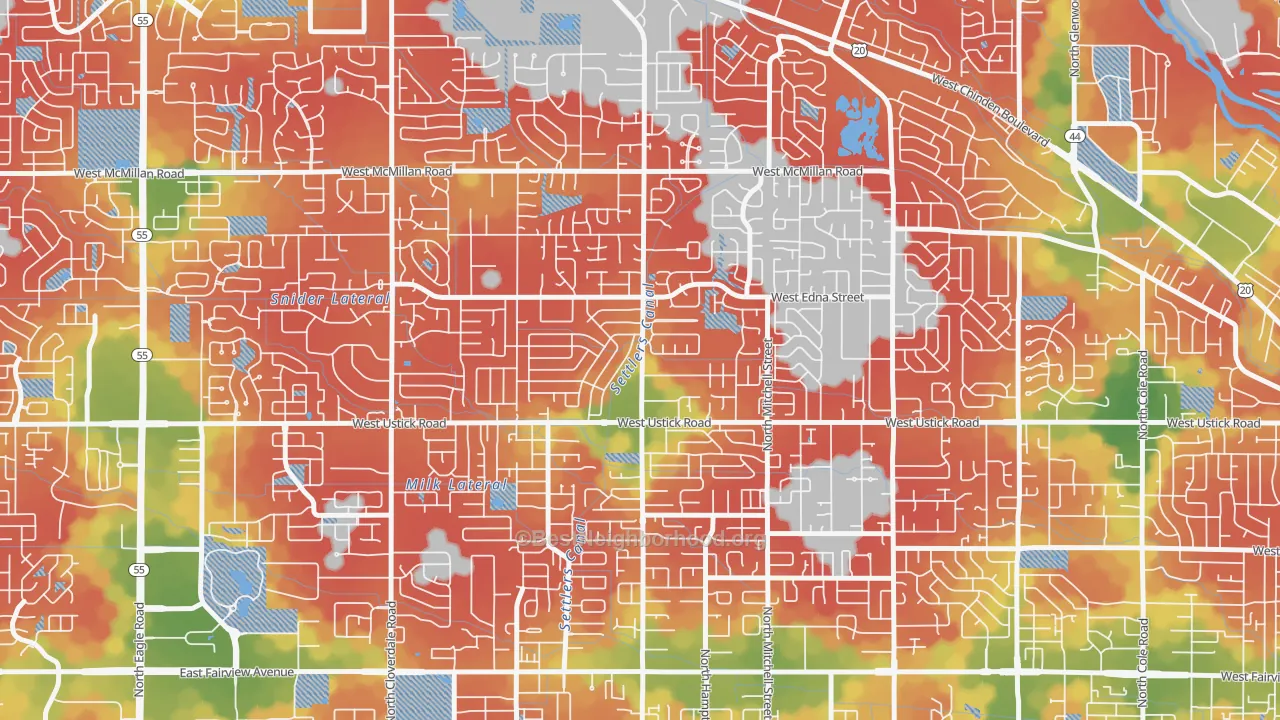 Walk Grade map of West Valley, Boise, ID, walkable areas in green and car-dependent areas in red
