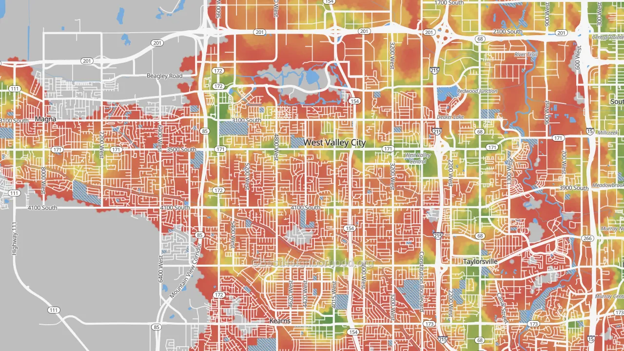 Walk Grade map of West Valley City, UT, walkable areas in green and car-dependent areas in red