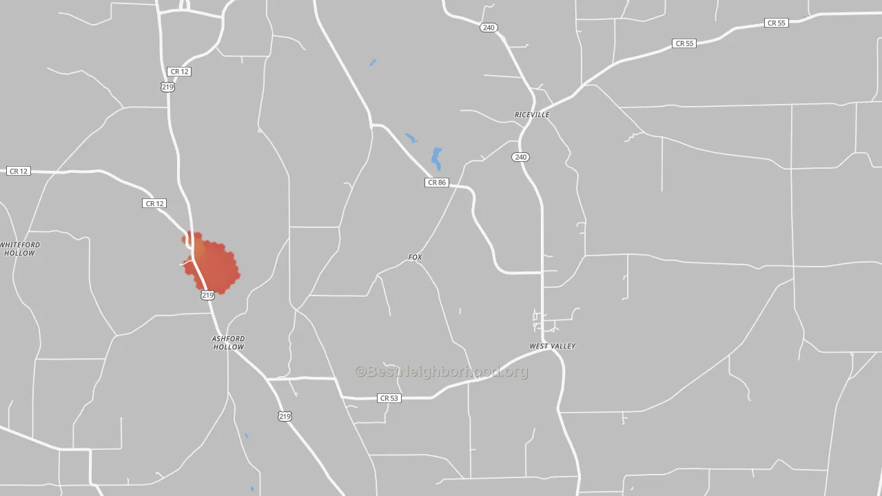 Walk Grade map of West Valley, NY, walkable areas in green and car-dependent areas in red