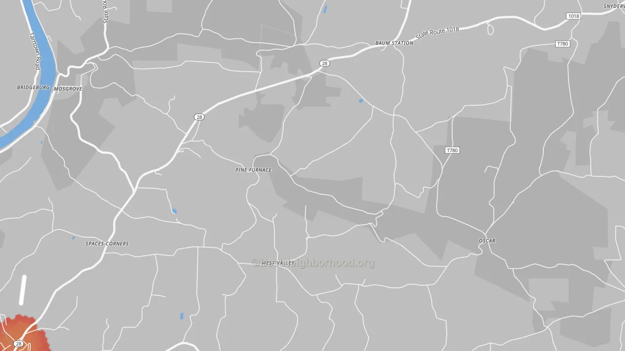 Walk Grade map of West Valley, PA, walkable areas in green and car-dependent areas in red