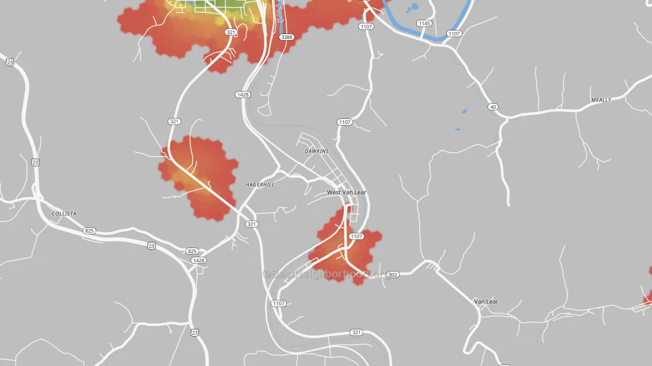 Walk Grade map of West Van Lear, KY, walkable areas in green and car-dependent areas in red