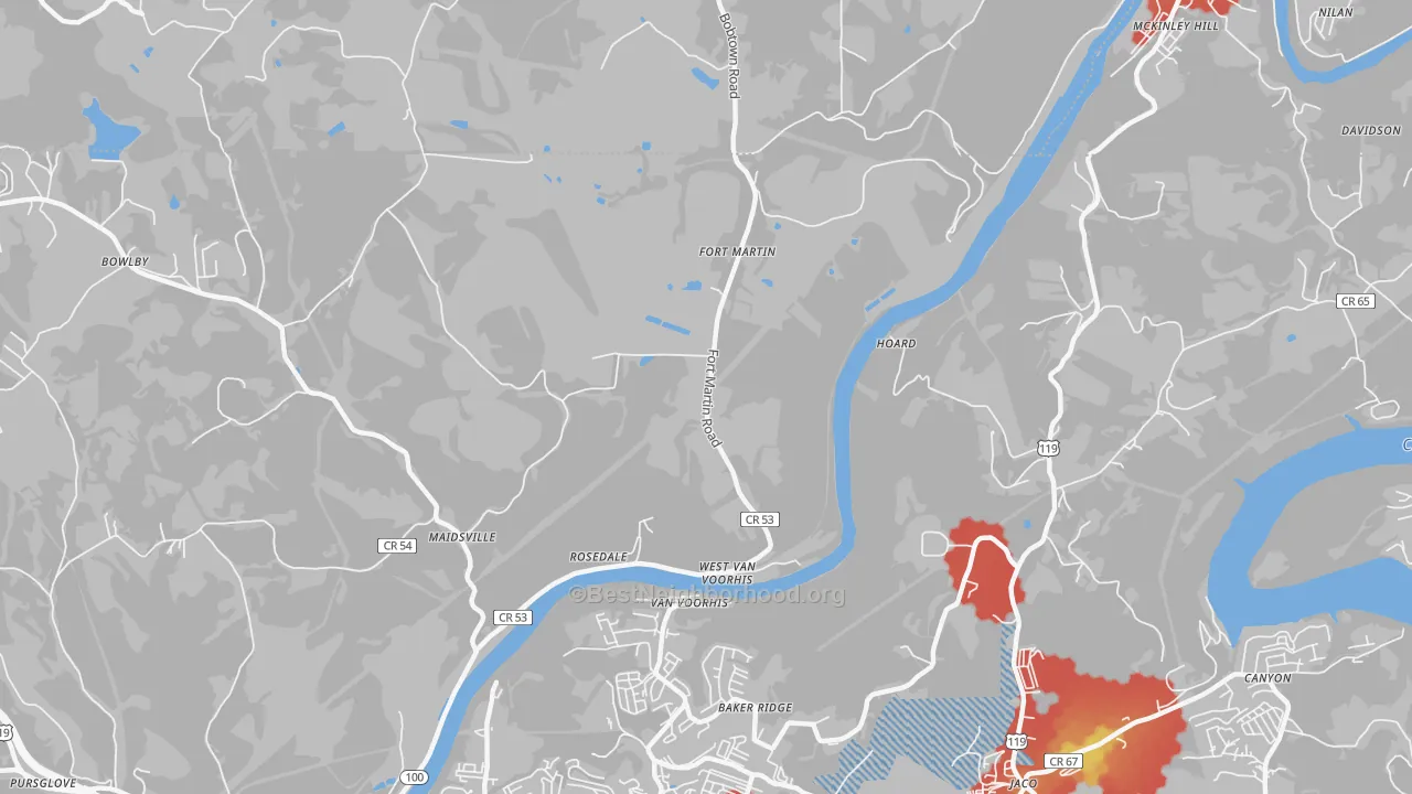 Walk Grade map of West Van Voorhis, WV, walkable areas in green and car-dependent areas in red