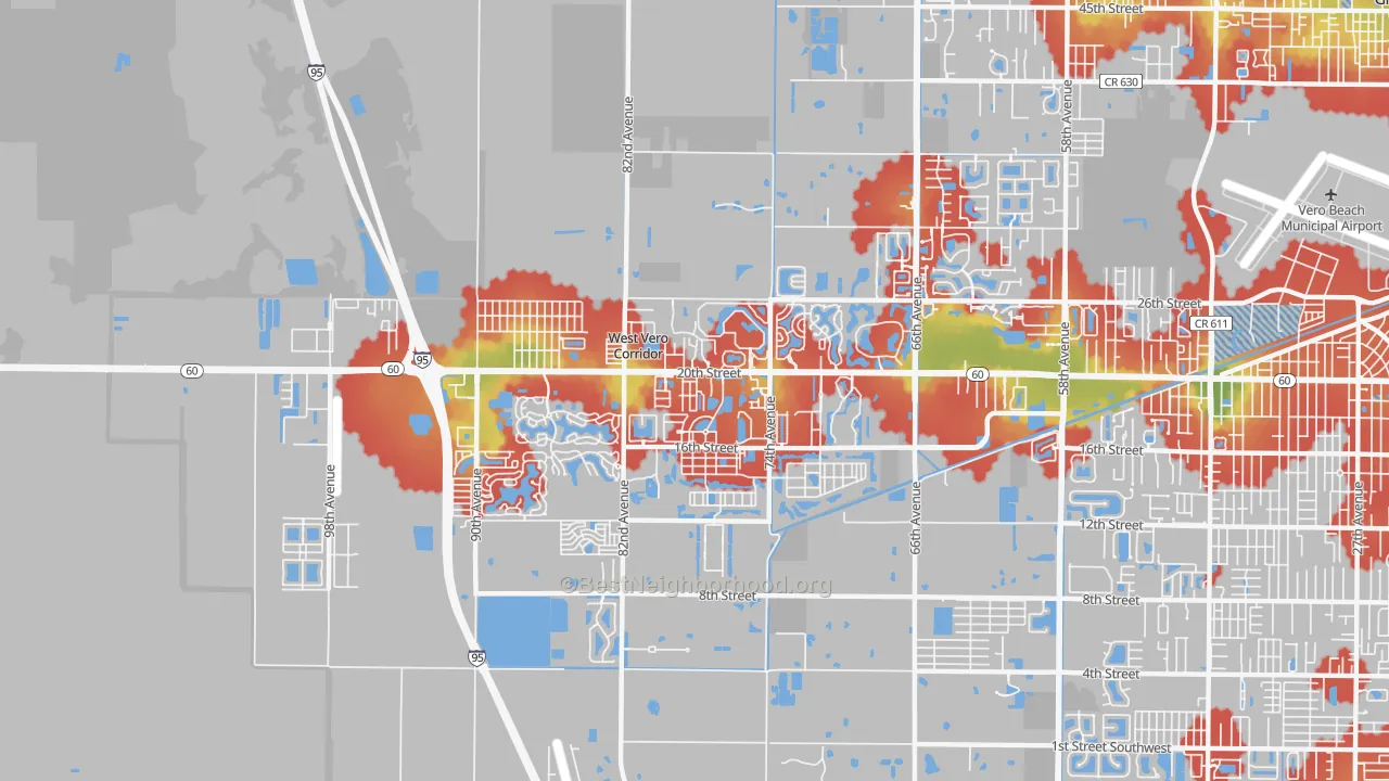 Walk Grade map of West Vero Corridor, FL, walkable areas in green and car-dependent areas in red