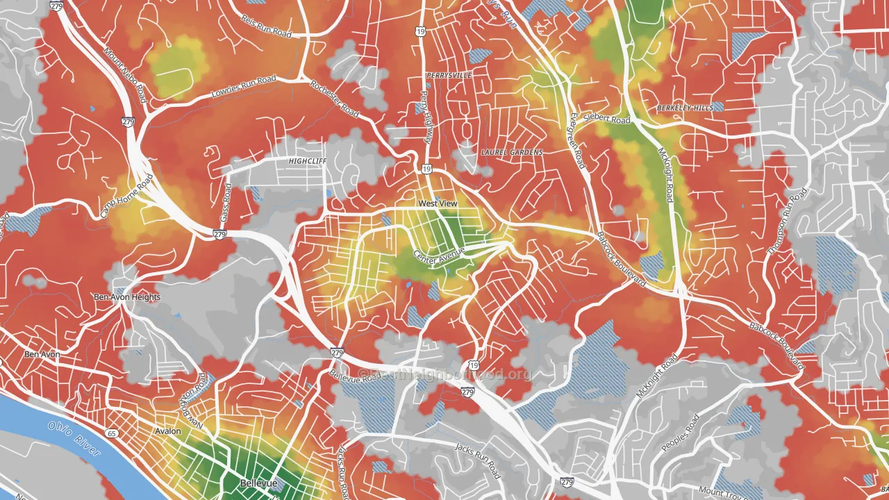 Walk Grade map of West View, PA, walkable areas in green and car-dependent areas in red