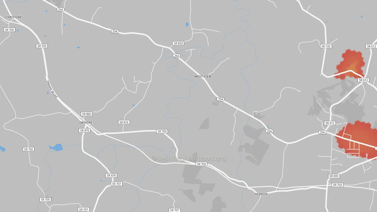 Walk Grade map of West View, VA, walkable areas in green and car-dependent areas in red