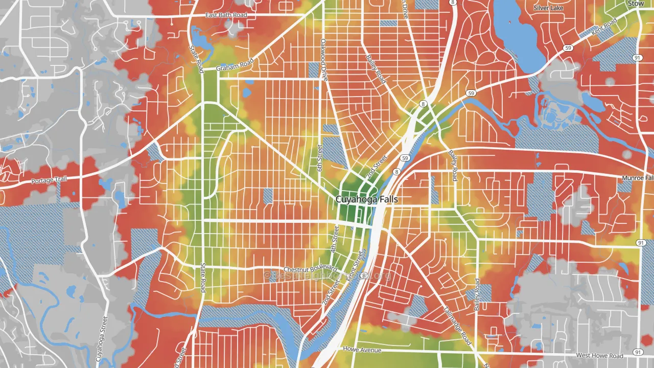 Walk Grade map of West Village, Cuyahoga Falls, OH, walkable areas in green and car-dependent areas in red
