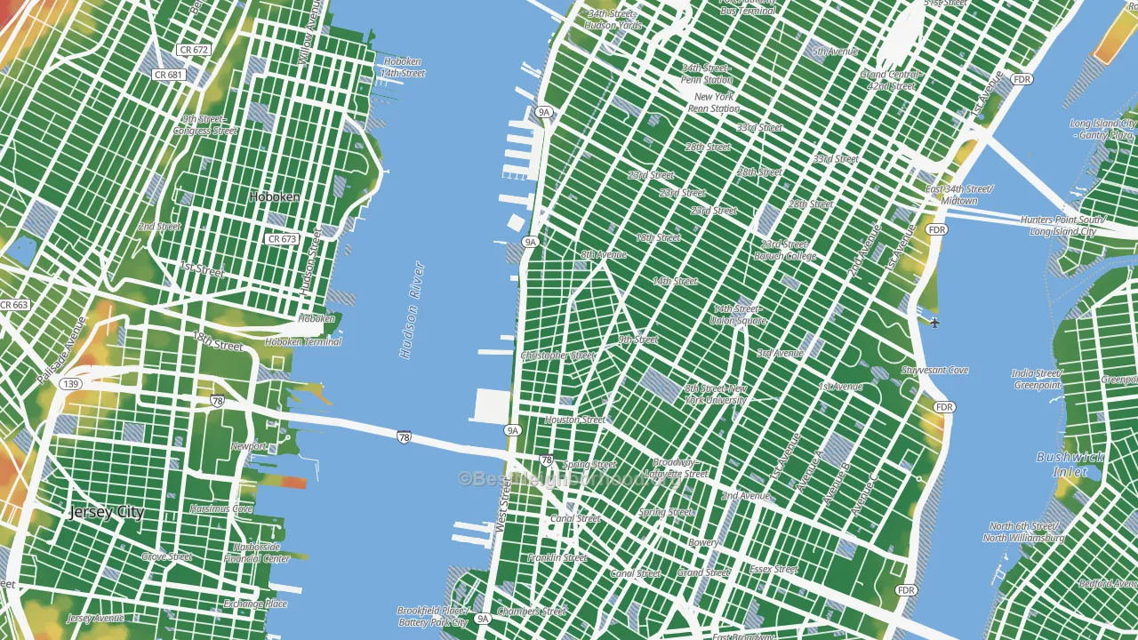 Walk Grade map of West Village, Manhattan, NY, walkable areas in green and car-dependent areas in red