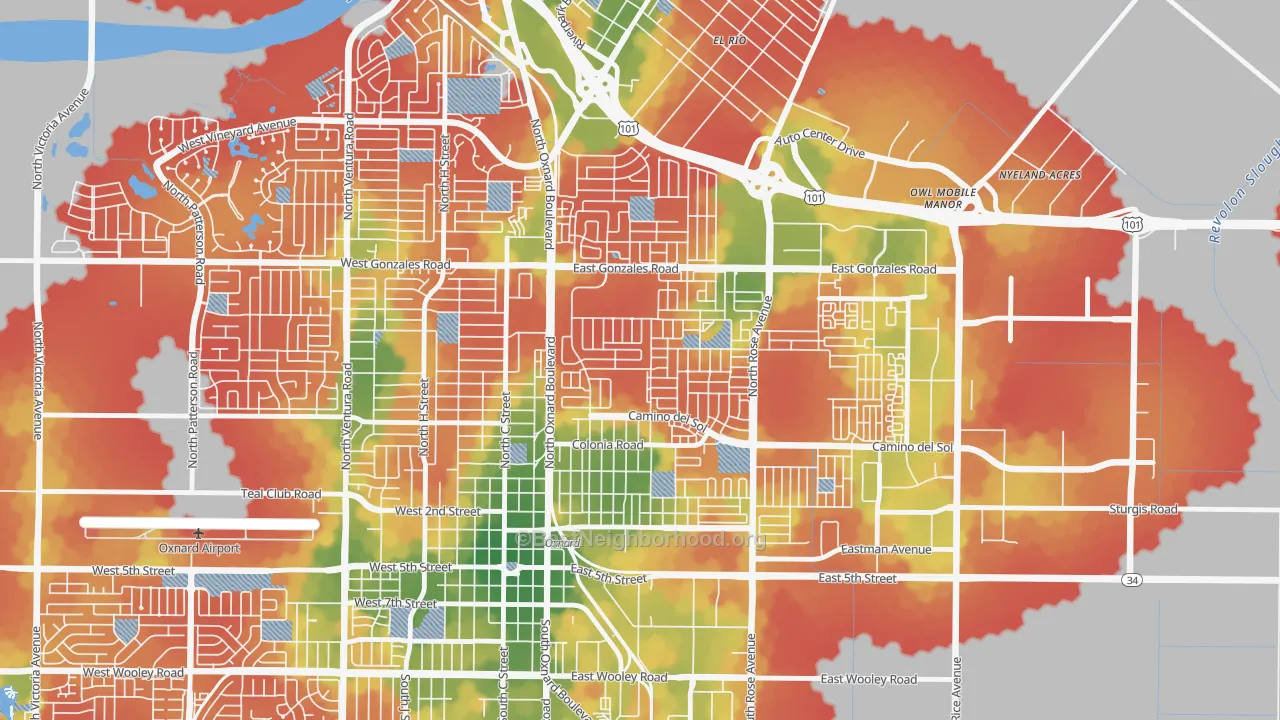Walk Grade map of West Village, Oxnard, CA, walkable areas in green and car-dependent areas in red