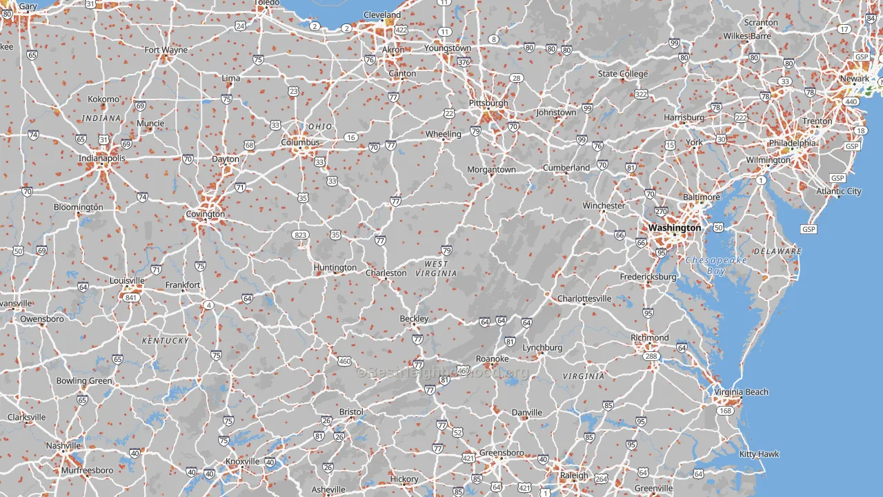 Walk Grade map of West Virginia, walkable areas in green and car-dependent areas in red