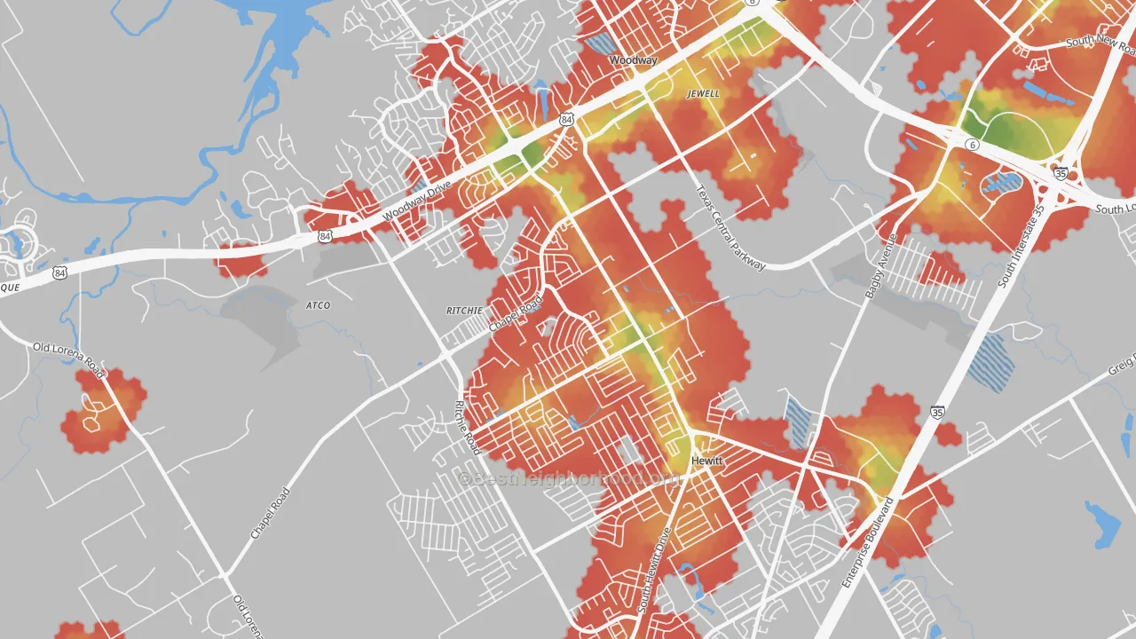Walk Grade map of West Waco, Woodway, TX, walkable areas in green and car-dependent areas in red