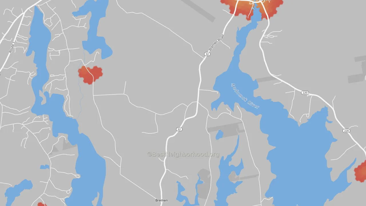 Walk Grade map of West Waldoboro, ME, walkable areas in green and car-dependent areas in red