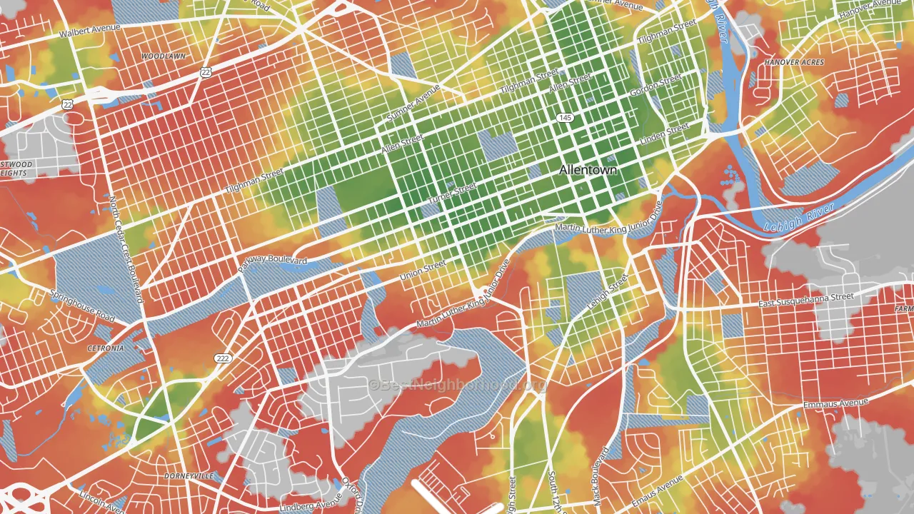 Walk Grade map of West Walnut, Allentown, PA, walkable areas in green and car-dependent areas in red