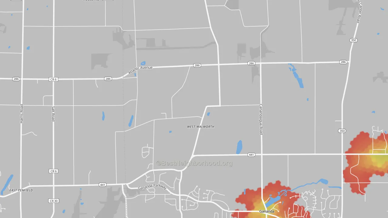Walk Grade map of West Walworth, NY, walkable areas in green and car-dependent areas in red