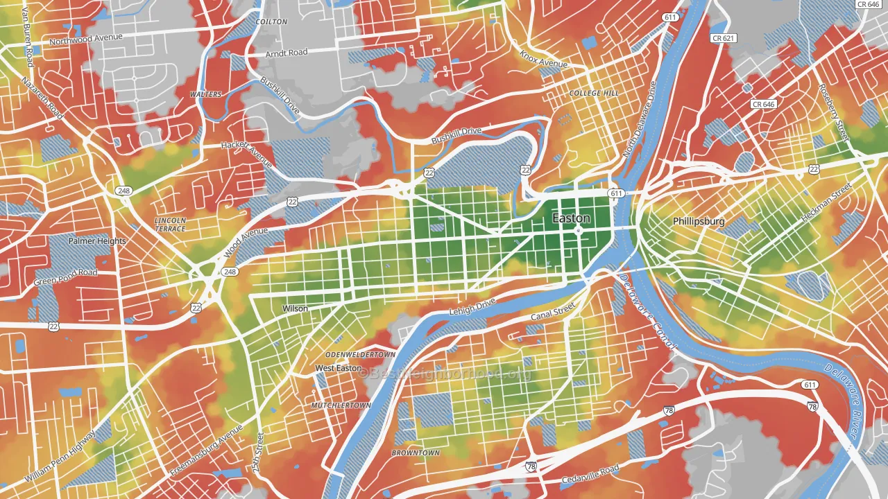 Walk Grade map of West Ward, Easton, PA, walkable areas in green and car-dependent areas in red