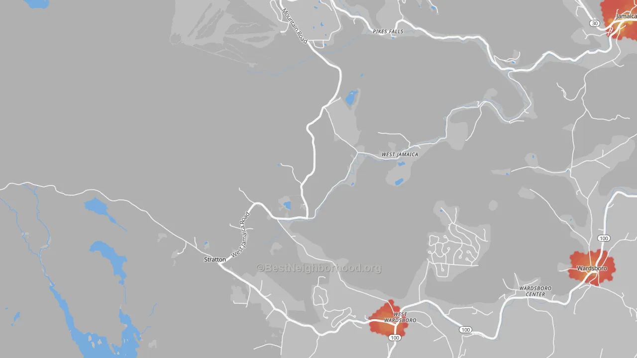 Walk Grade map of West Wardsboro, VT, walkable areas in green and car-dependent areas in red