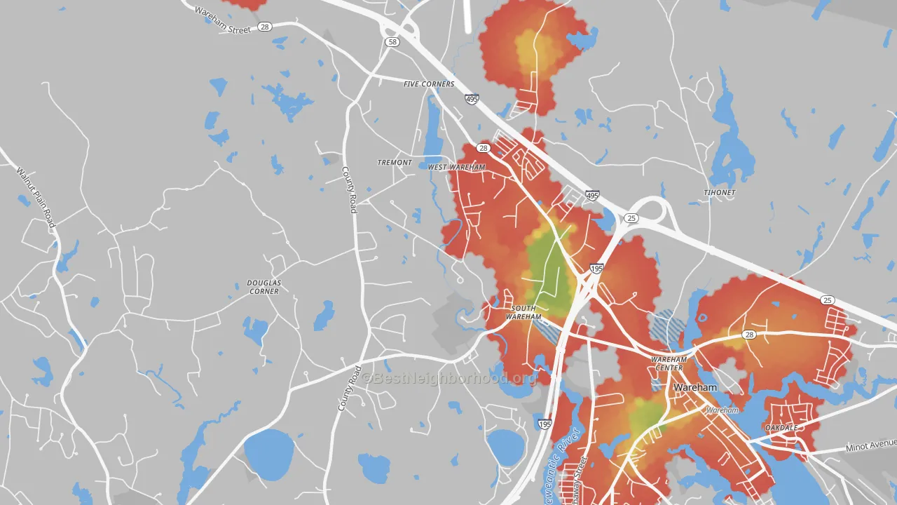 Walk Grade map of West Wareham, MA, walkable areas in green and car-dependent areas in red