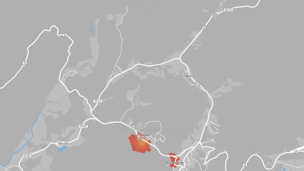 Walk Grade map of West Warm Springs, VA, walkable areas in green and car-dependent areas in red