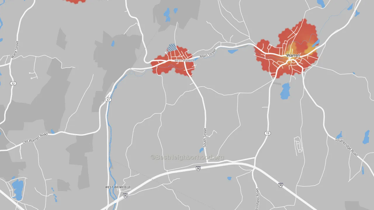 Walk Grade map of West Warren, MA, walkable areas in green and car-dependent areas in red
