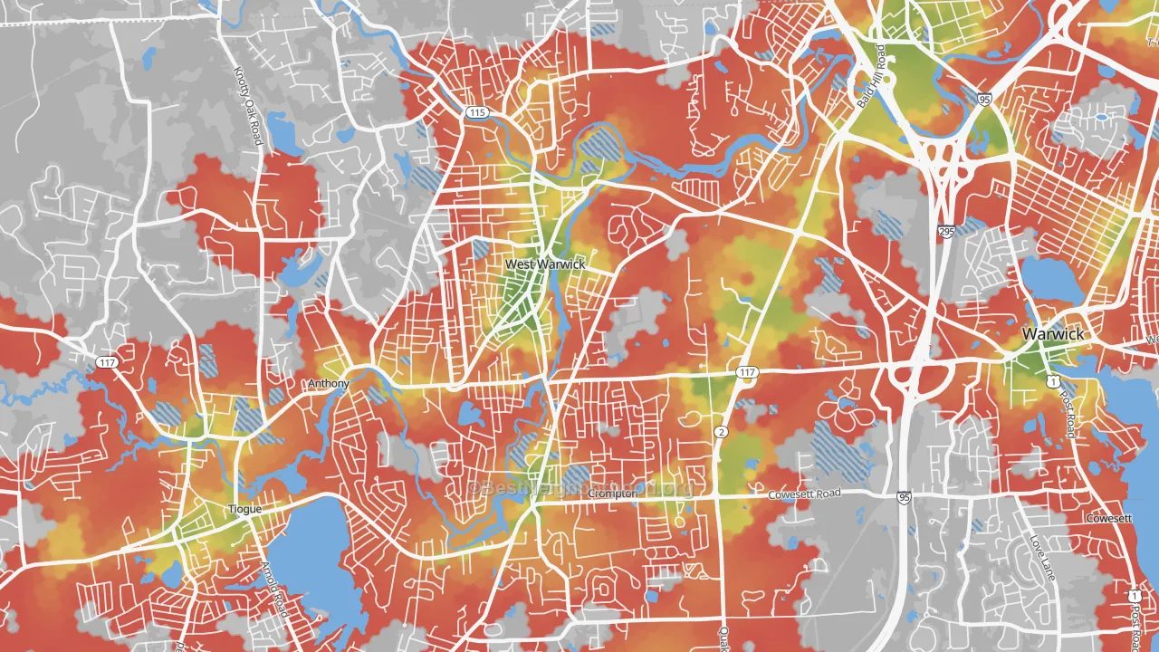 Walk Grade map of West Warwick, RI, walkable areas in green and car-dependent areas in red