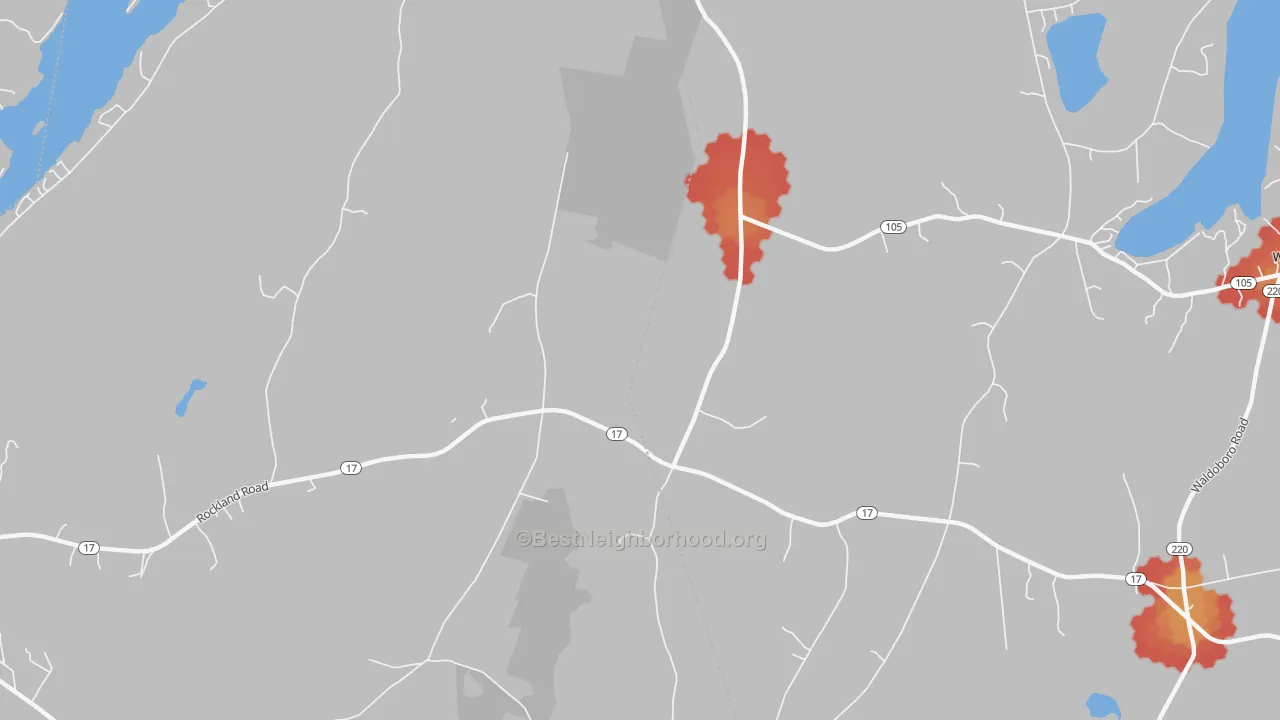 Walk Grade map of West Washington, ME, walkable areas in green and car-dependent areas in red