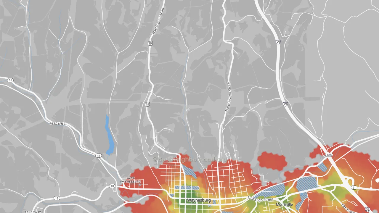 Walk Grade map of West Waynesburg, PA, walkable areas in green and car-dependent areas in red