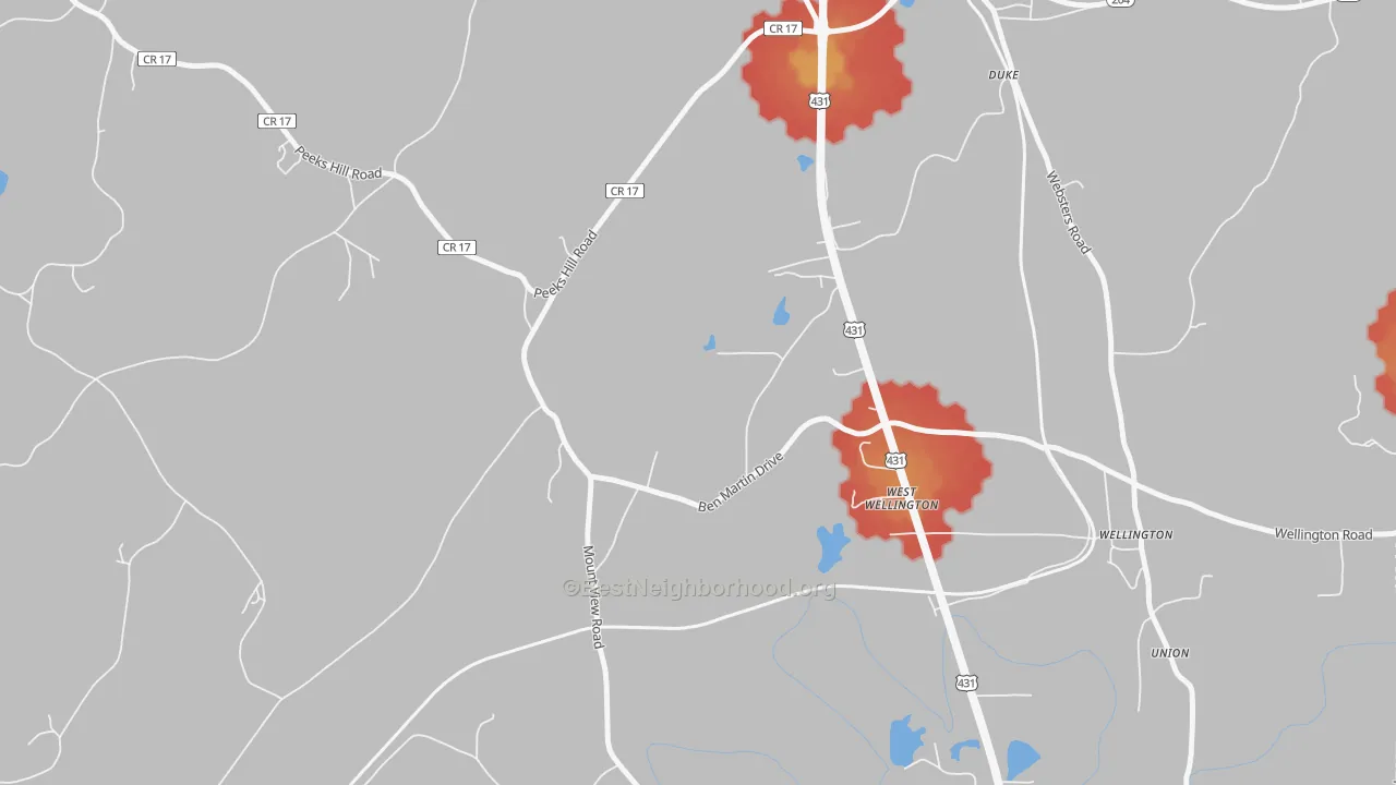 Walk Grade map of West Wellington, AL, walkable areas in green and car-dependent areas in red