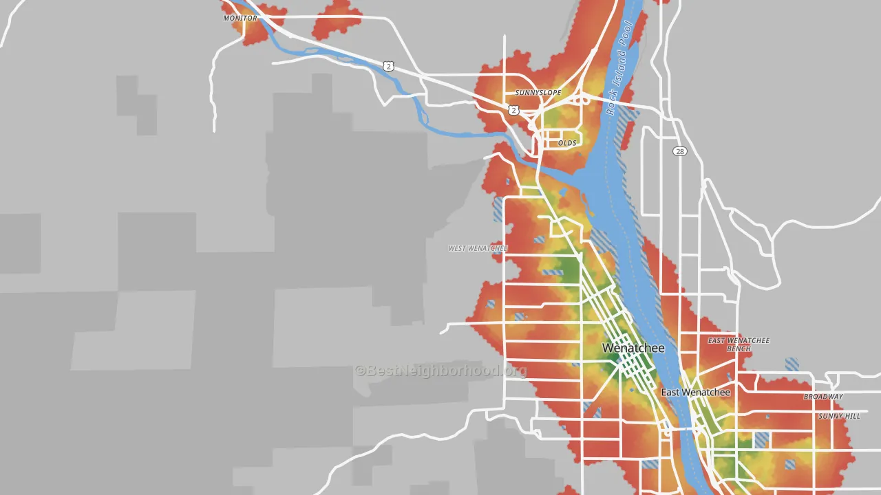 Walk Grade map of West Wenatchee, WA, walkable areas in green and car-dependent areas in red