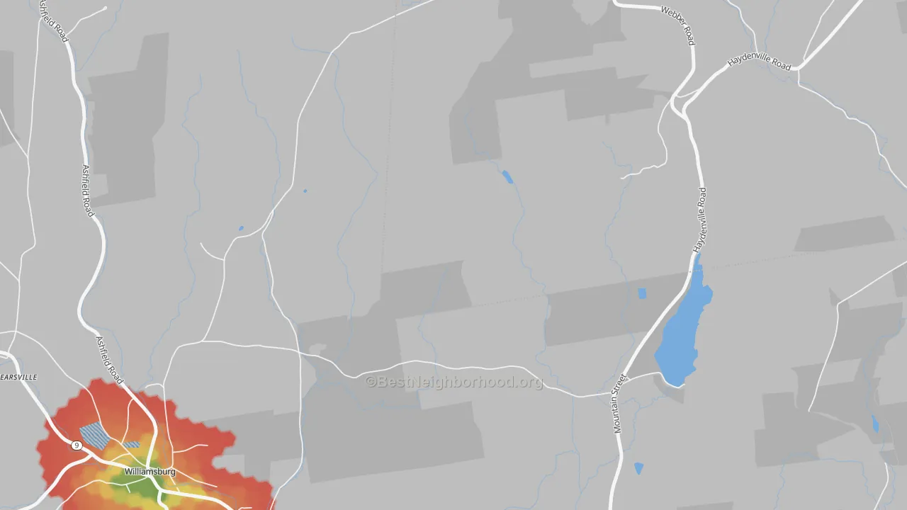 Walk Grade map of West Whately, MA, walkable areas in green and car-dependent areas in red