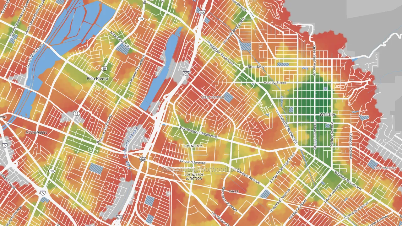 Walk Grade map of West Whittier-Los Nietos, CA, walkable areas in green and car-dependent areas in red