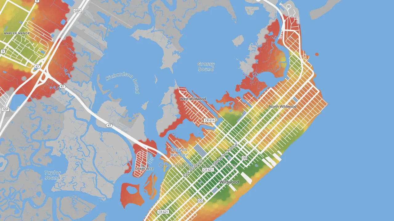 Walk Grade map of West Wildwood, NJ, walkable areas in green and car-dependent areas in red