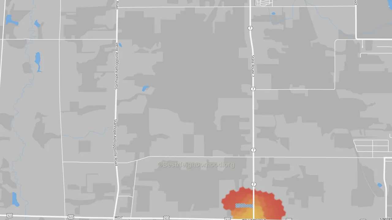Walk Grade map of West Williamsfield, OH, walkable areas in green and car-dependent areas in red