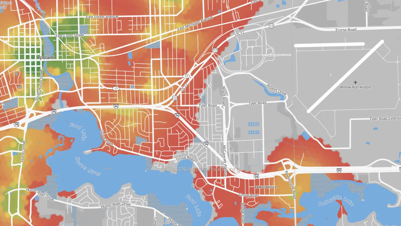 Walk Grade map of West Willow, Ypsilanti, MI, walkable areas in green and car-dependent areas in red