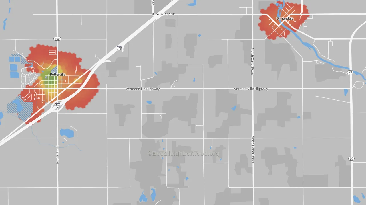 Walk Grade map of West Windsor, MI, walkable areas in green and car-dependent areas in red