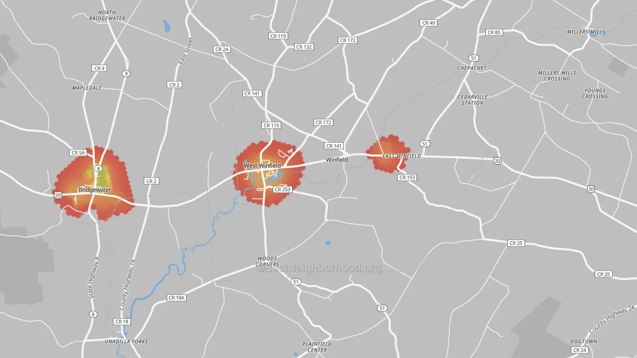 Walk Grade map of West Winfield, NY, walkable areas in green and car-dependent areas in red