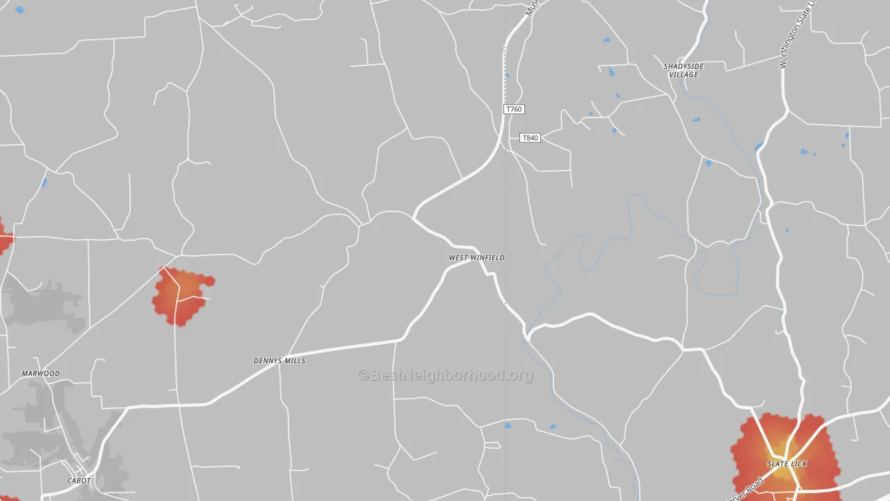 Walk Grade map of West Winfield, PA, walkable areas in green and car-dependent areas in red