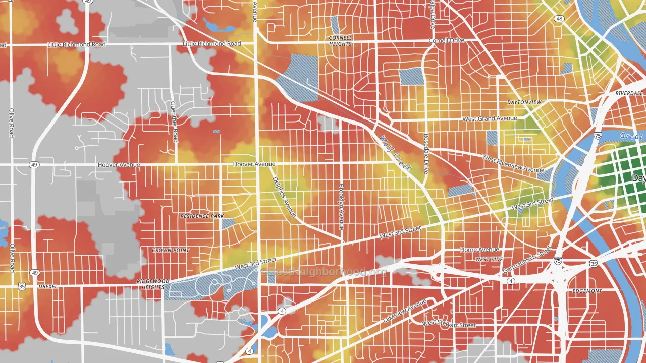 Walk Grade map of West Wood, Dayton, OH, walkable areas in green and car-dependent areas in red