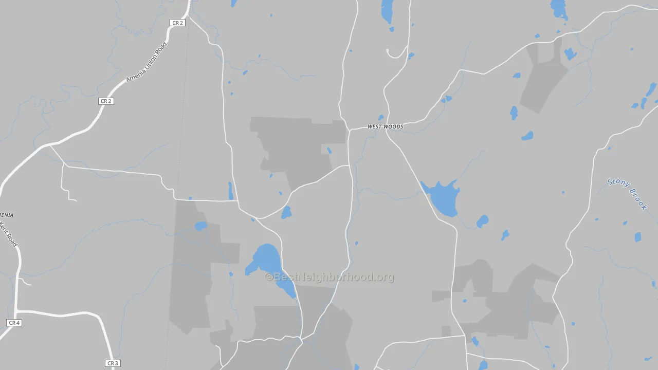 Walk Grade map of West Woods, CT, walkable areas in green and car-dependent areas in red