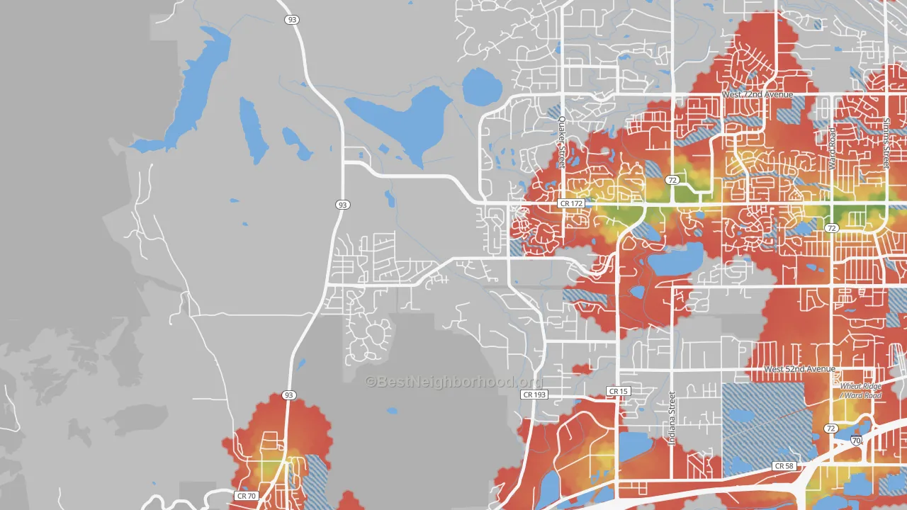 Walk Grade map of West Woods, Golden, CO, walkable areas in green and car-dependent areas in red