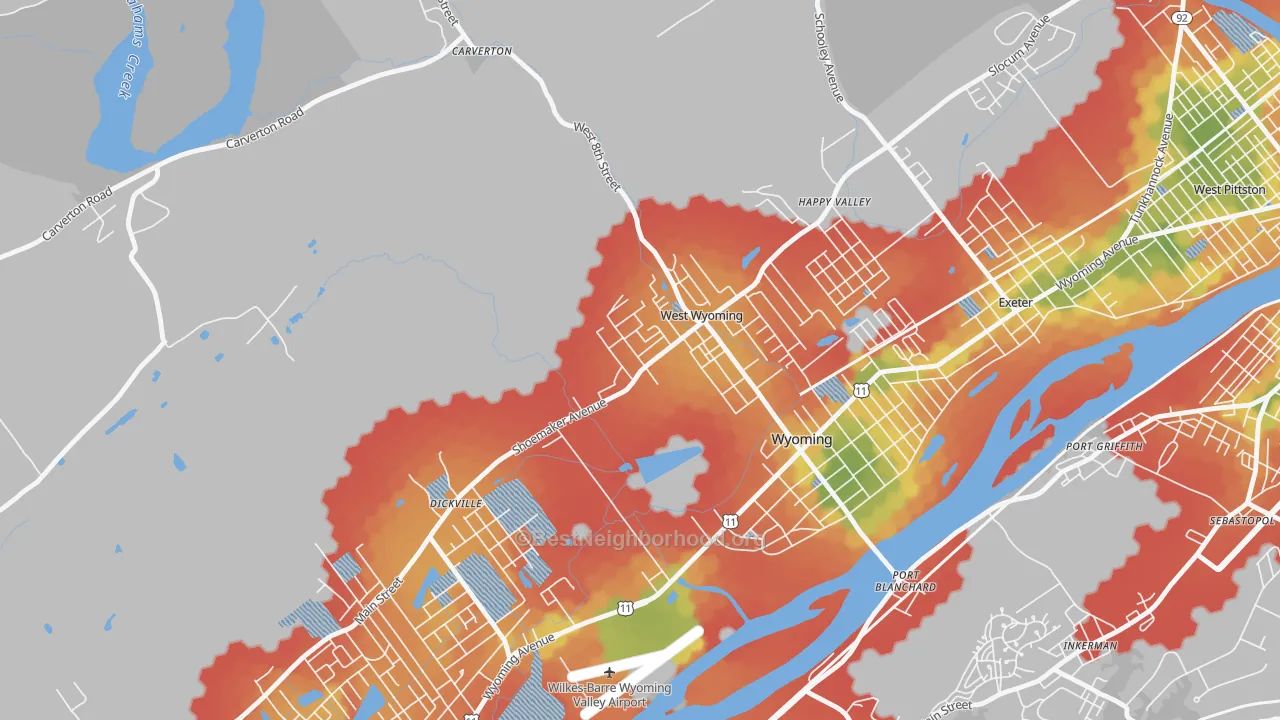 Walk Grade map of West Wyoming, PA, walkable areas in green and car-dependent areas in red