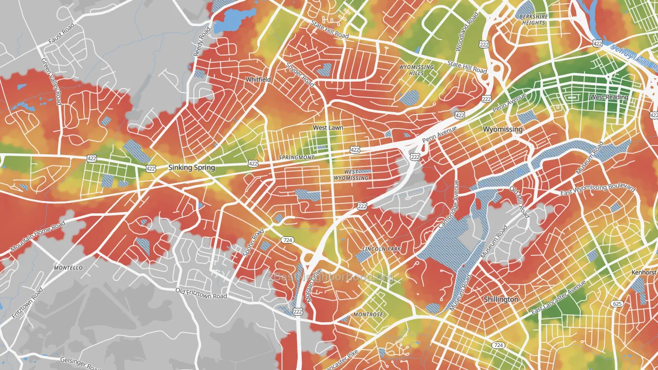 Walk Grade map of West Wyomissing, PA, walkable areas in green and car-dependent areas in red