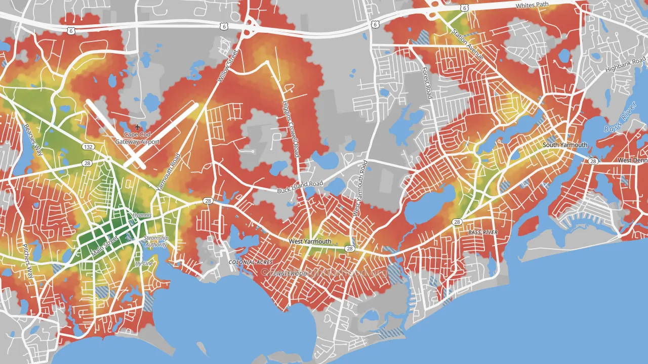 Walk Grade map of West Yarmouth, MA, walkable areas in green and car-dependent areas in red