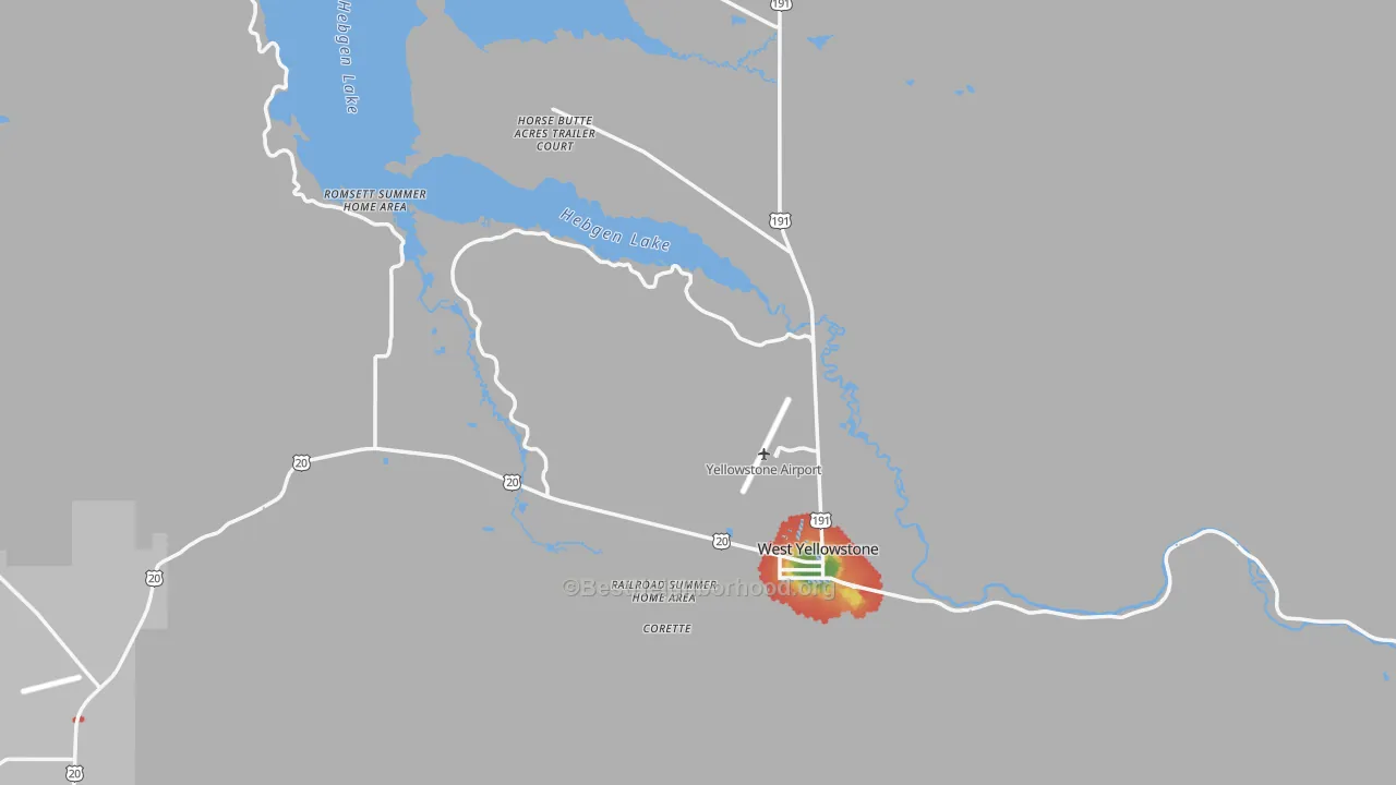 Walk Grade map of West Yellowstone, MT, walkable areas in green and car-dependent areas in red