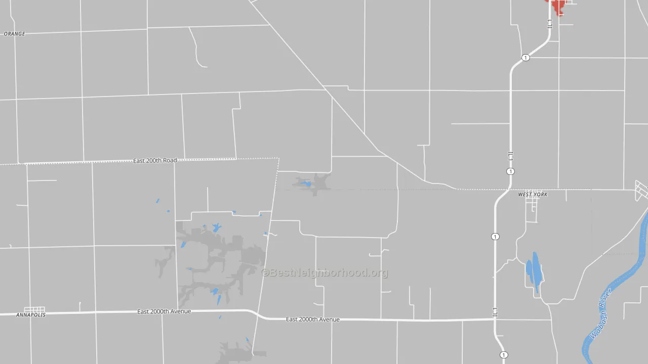 Walk Grade map of West York, IL, walkable areas in green and car-dependent areas in red